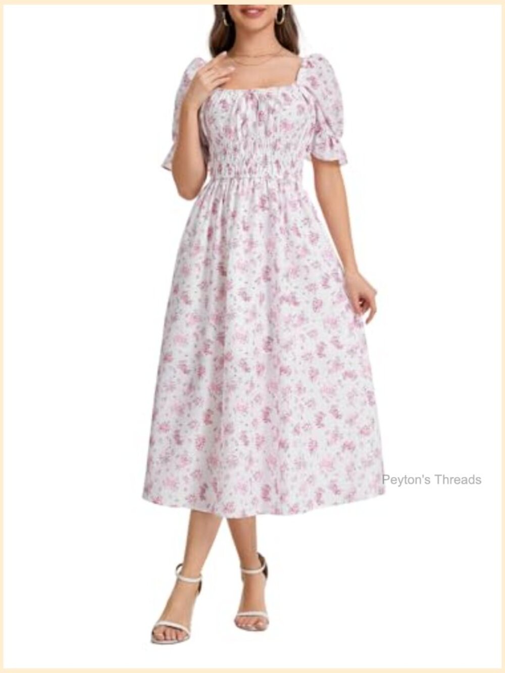 Floral Maxi Dress Puff Sleeve Square Neck Smocked Waist A-Line - Picture 3 of 6